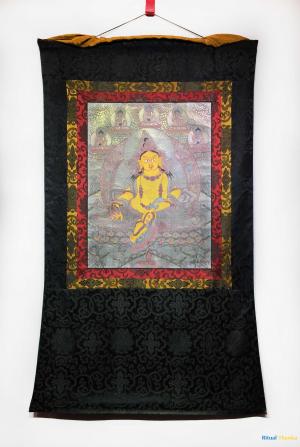 Dzambala Thangka Painting Flanked By 5 Dhyani Buddha With Brocade Mounted